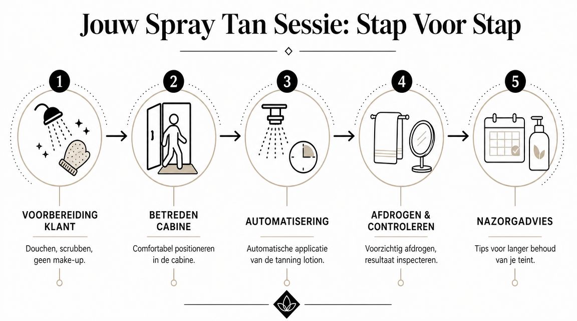 Een stappenplan infographic in het Nederlands voor een professionele spray tan sessie in een cabine.
