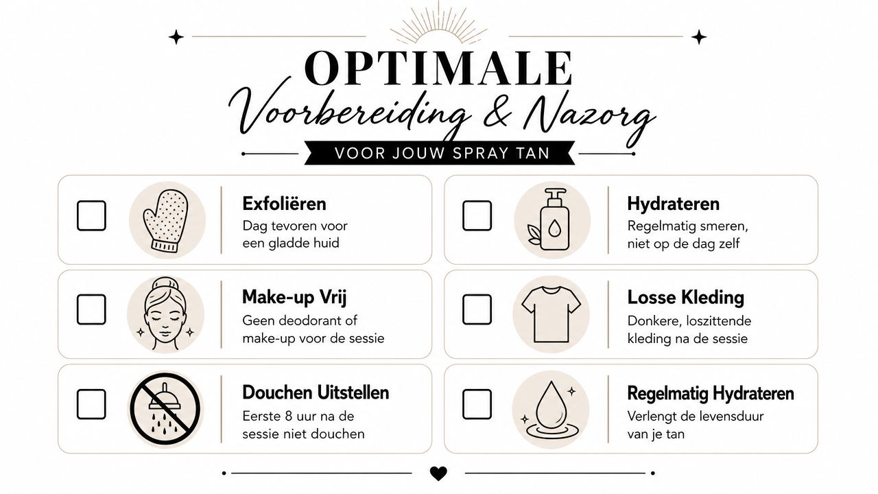 Een overzichtelijk schema met voorbereidings- en nazorginstructies voor een perfecte spray tan behandeling voor je huid.
