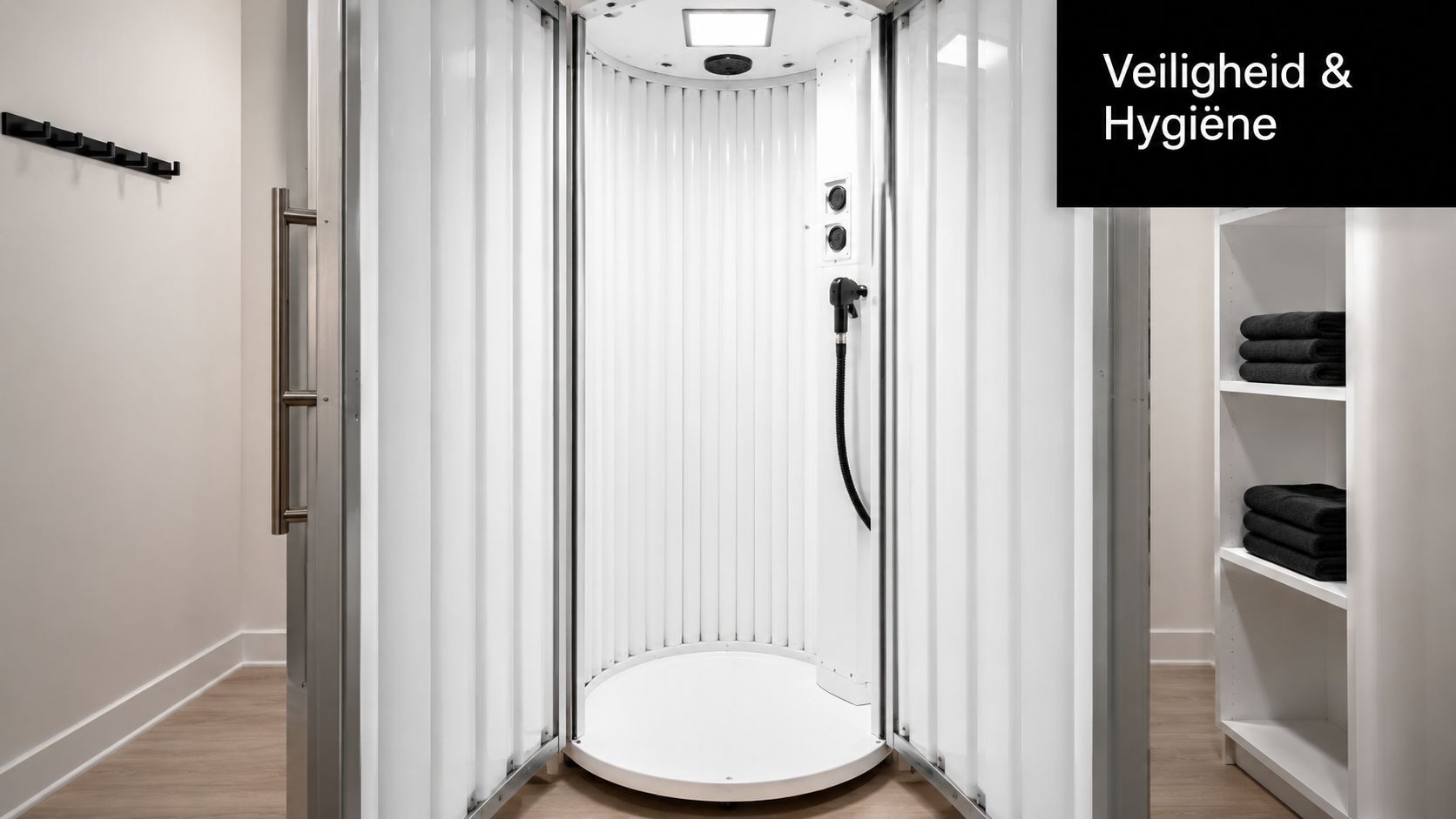 Een moderne spray tanning cabine in een nette studio met zwarte handdoeken op een witte plank.