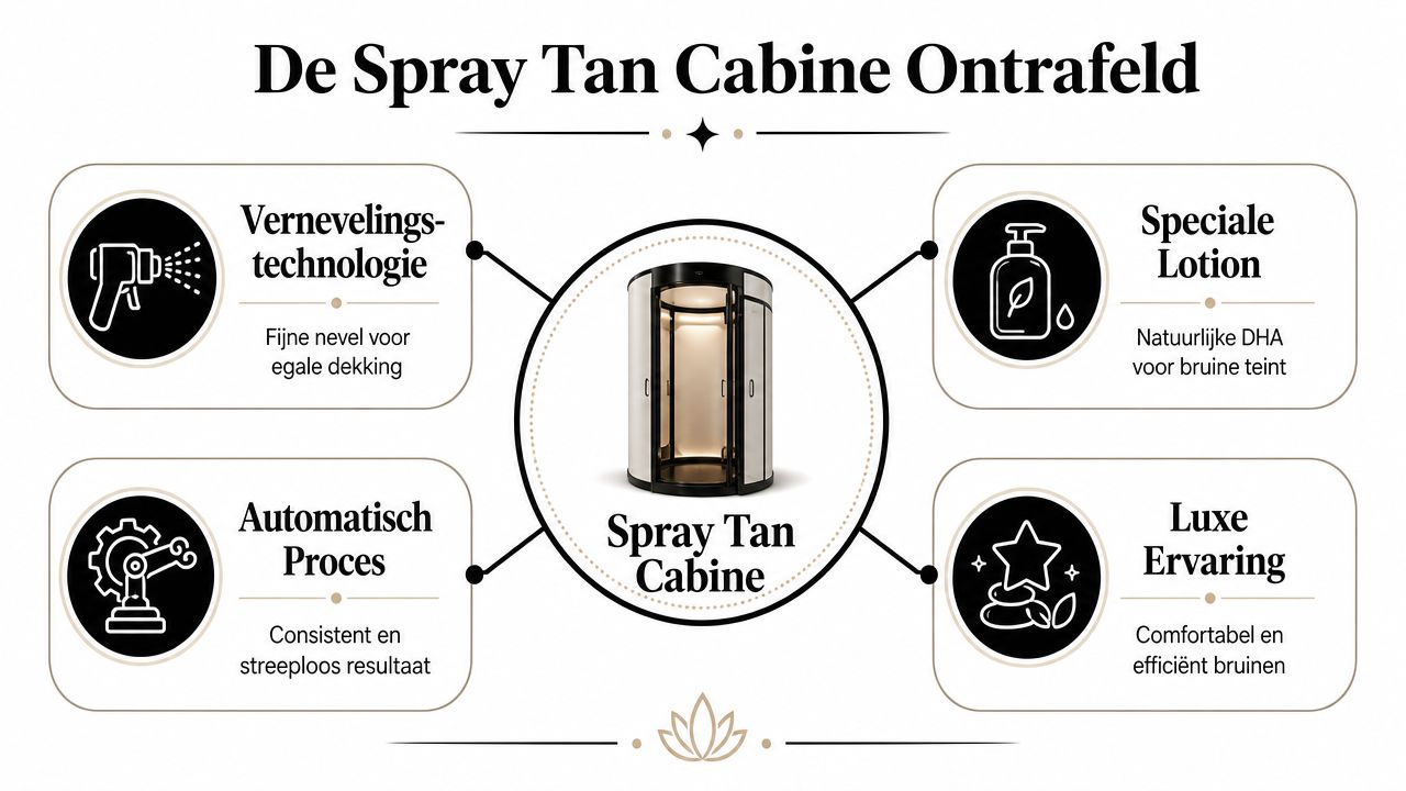 Een informatieve infographic over de voordelen en technologie van een professionele spray tan cabine voor een egale bruine teint.