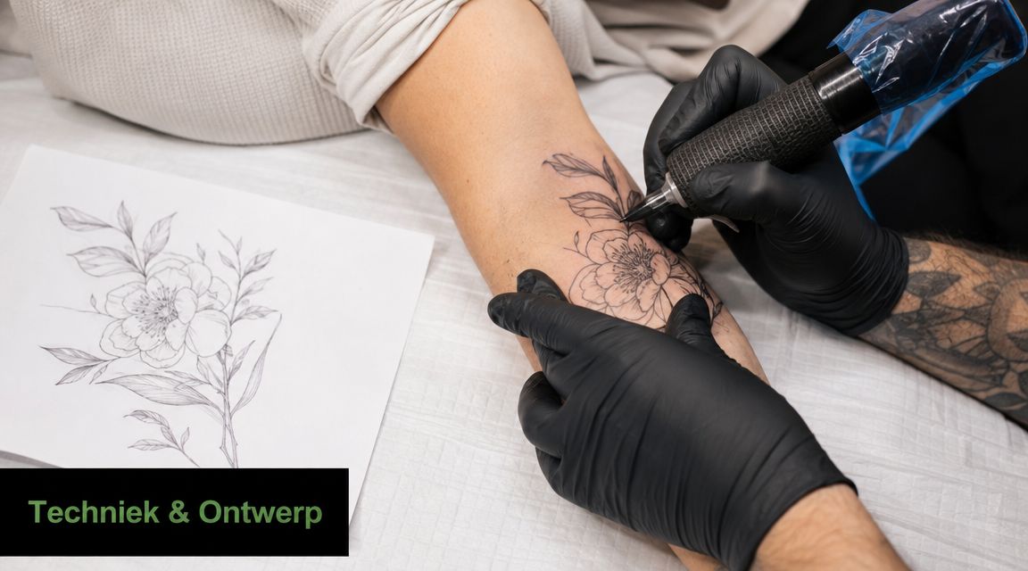 Een tatoeëerder zet een bloemenontwerp op de onderarm van een klant in een professionele studio.