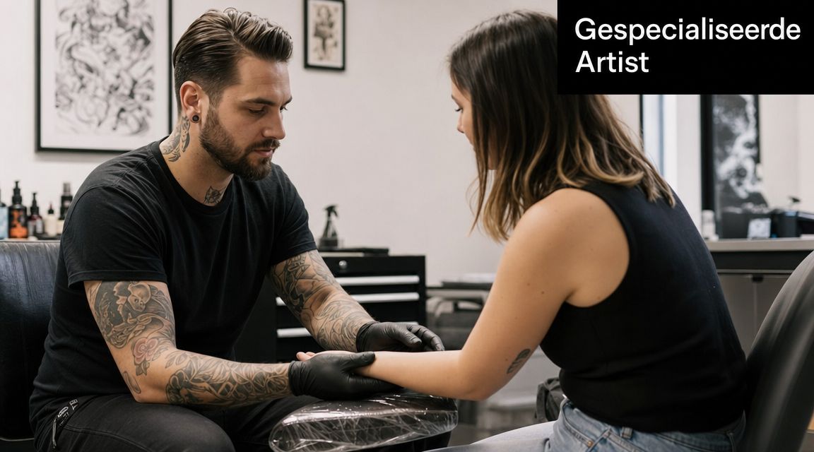 Een gespecialiseerde tatoeëerder voert zorgvuldig een tattoo-sessie uit op de onderarm van een vrouwelijke klant in de studio.