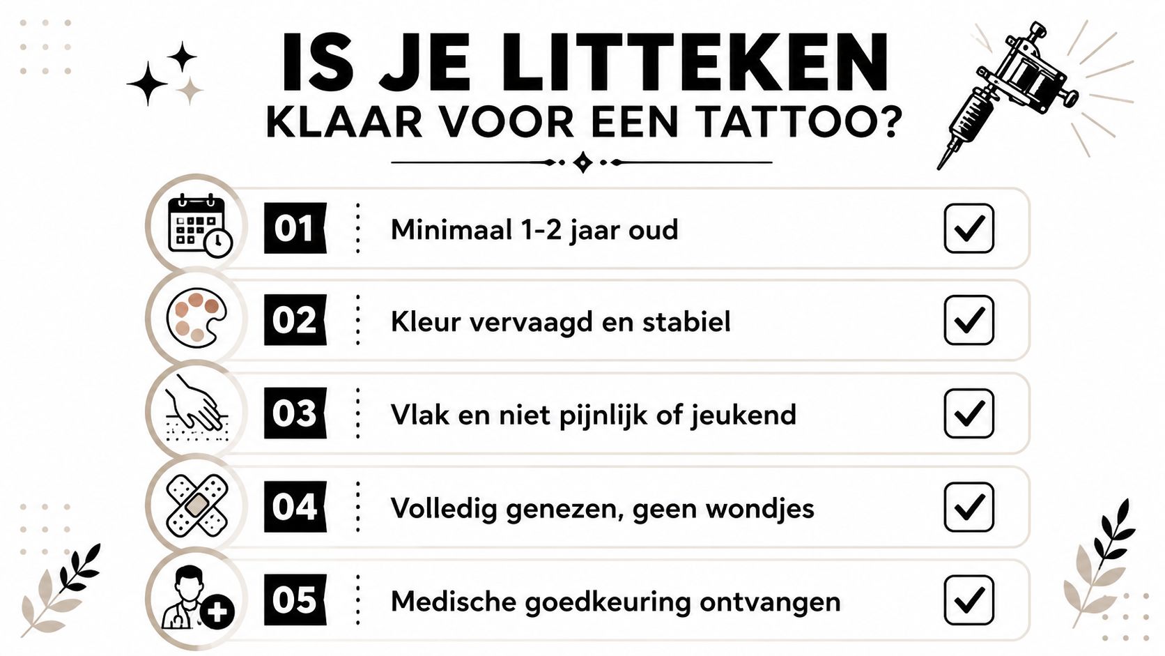 Een infographic die de vijf belangrijkste voorwaarden toont voor het veilig laten tatoeëren over een litteken.