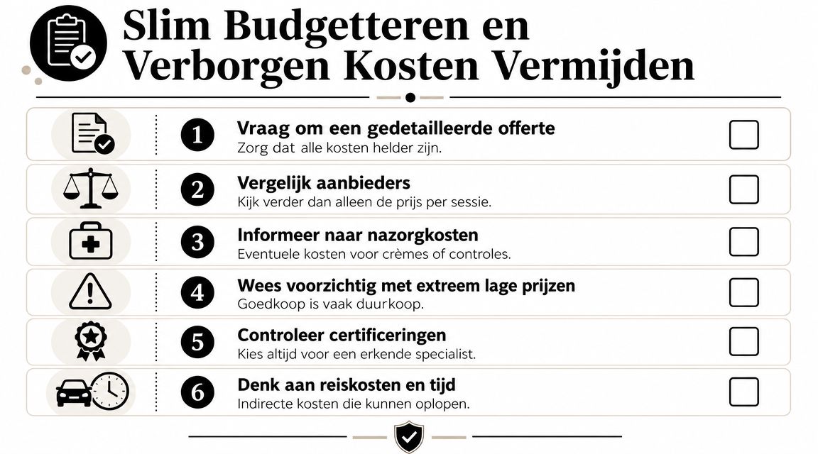Een informatieve checklist voor het slim budgetteren en vermijden van verborgen kosten bij tatoeageverwijdering.
