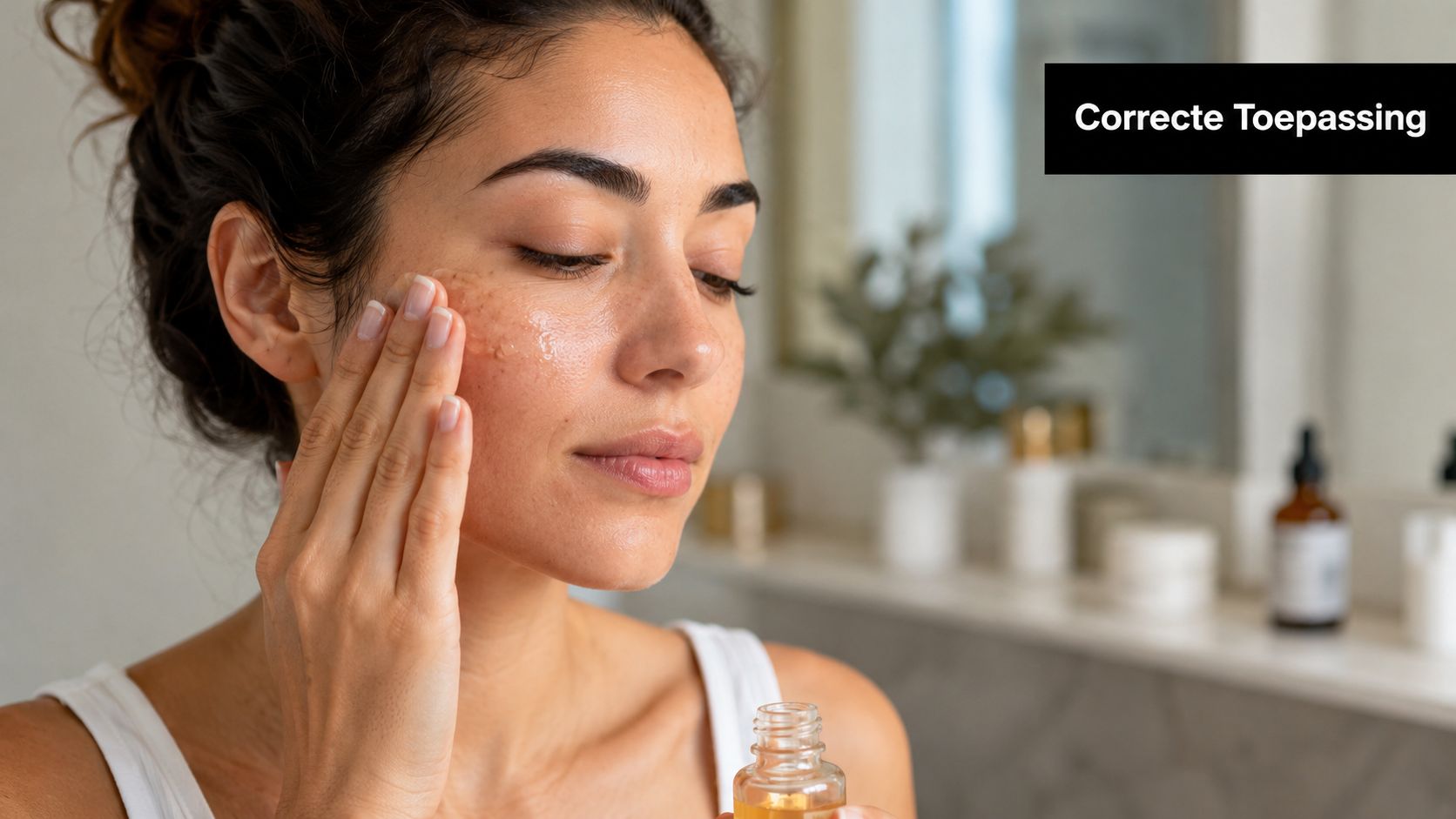 Een vrouw brengt zorgvuldig vitamine C serum aan op haar gezicht voor een stralende en gezonde huid.