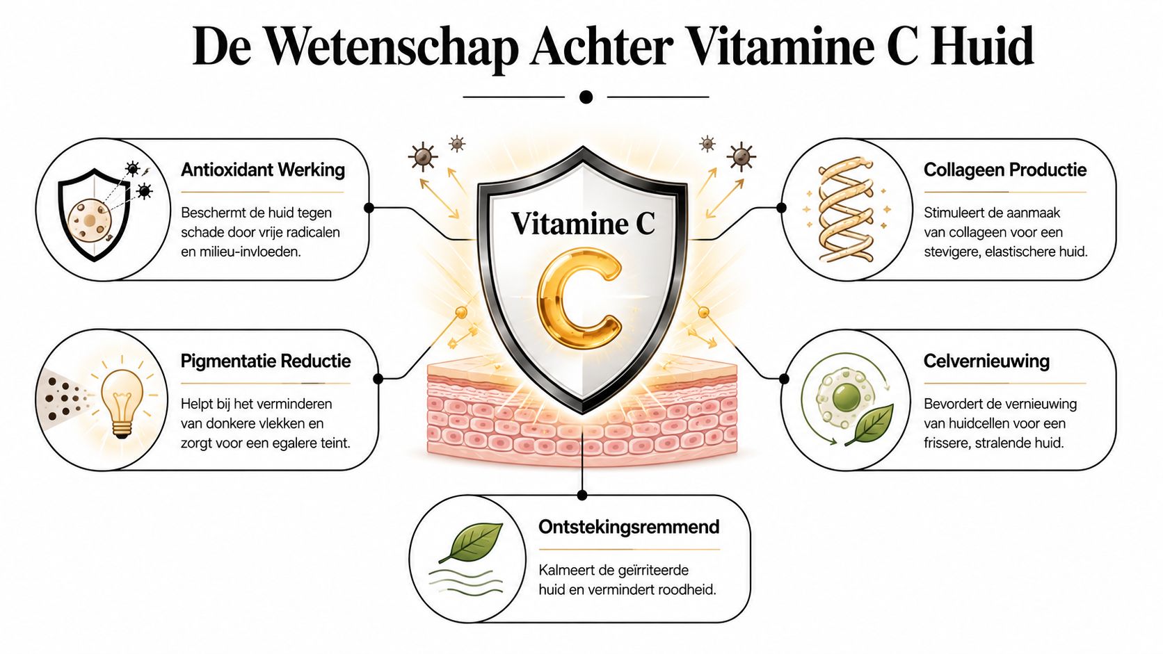 Een informatieve infographic over de wetenschappelijke voordelen van vitamine C voor een gezonde en stralende huid.