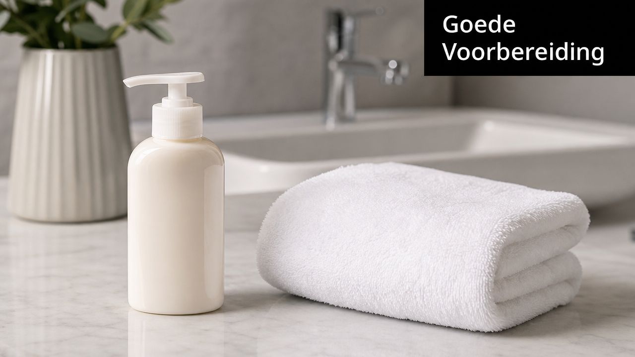 Een flesje zeep en een schone opgevouwen handdoek staan klaar op een marmeren wastafel in de badkamer.
