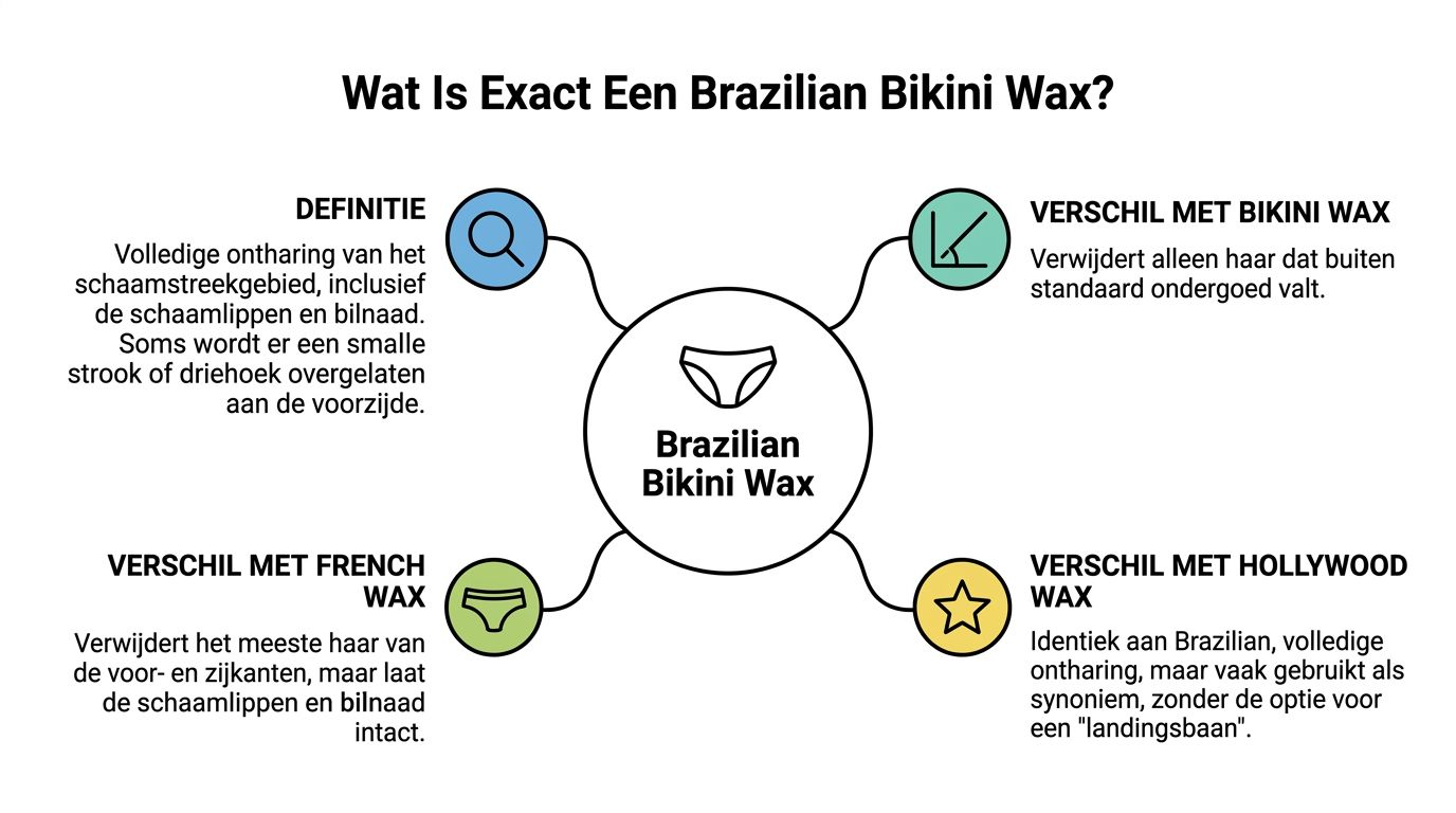 Een informatieve infographic in het Nederlands die uitlegt wat een Brazilian bikini wax precies inhoudt en de verschillen toelicht.