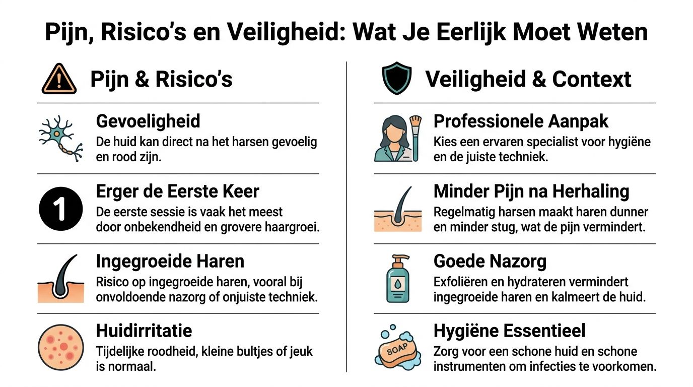 Een informatieve infographic over de risico's en veiligheidstips voor waxen, zoals pijn, huidirritatie en juiste nazorg.