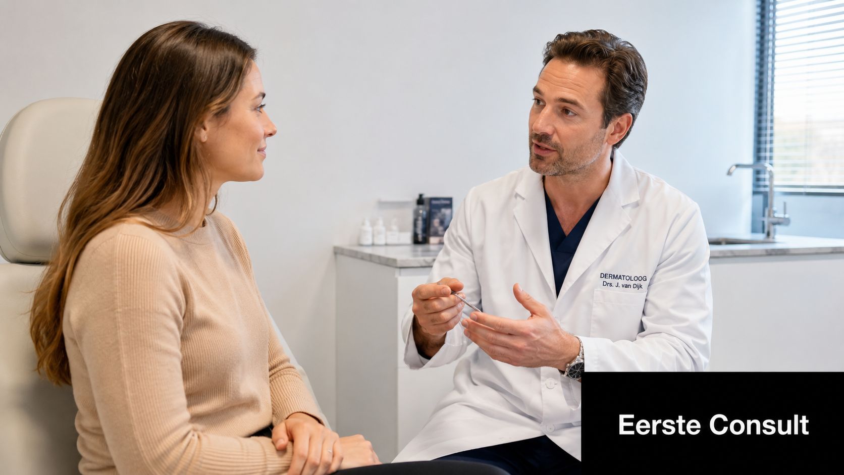 Een dermatoloog in witte jas heeft een consultatiegesprek met een vrouwelijke patiënt in een klinische behandelkamer.