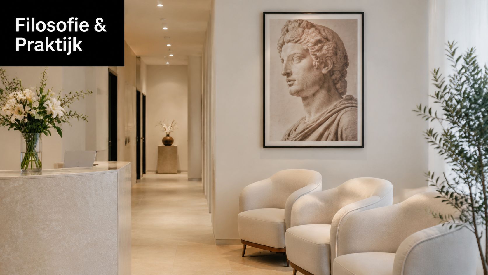 Een rustige, luxe wachtruimte van een kliniek met stijlvolle witte fauteuils, een marmeren receptiebalie en klassieke kunst.