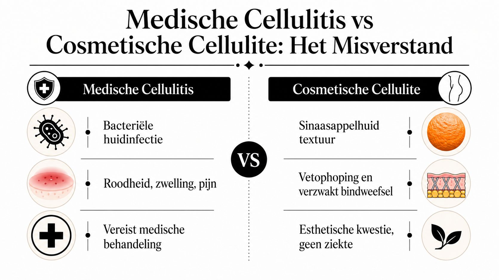 Een informatieve infographic die het verschil tussen medische cellulitis en cosmetische cellulite verduidelijkt met duidelijke illustraties.