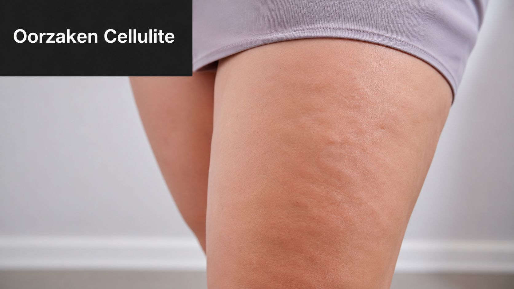 Een close-up van de bovenbenen van een vrouw met zichtbare putjes in de huid, bekend als cellulitis.