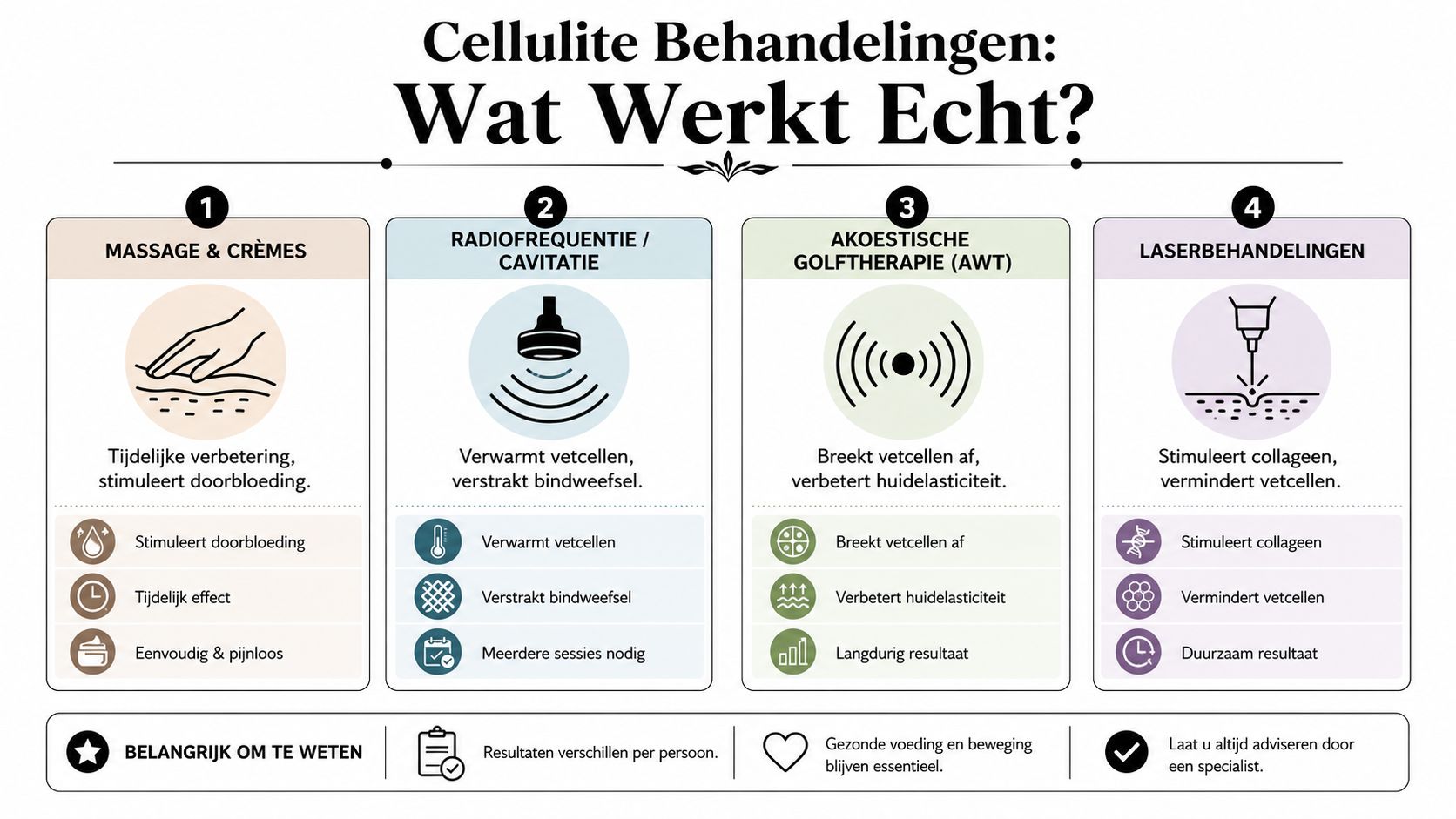 Een overzicht van vier verschillende effectieve behandelingen voor het verminderen van cellulite bij vrouwen.