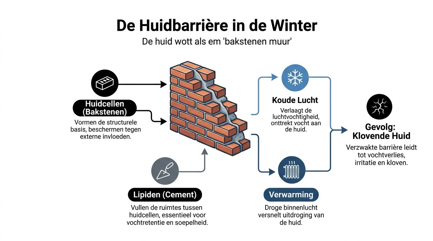 Een infographic die uitlegt hoe de huidbarrière in de winter door kou en verwarming uitdroogt en beschadigt.