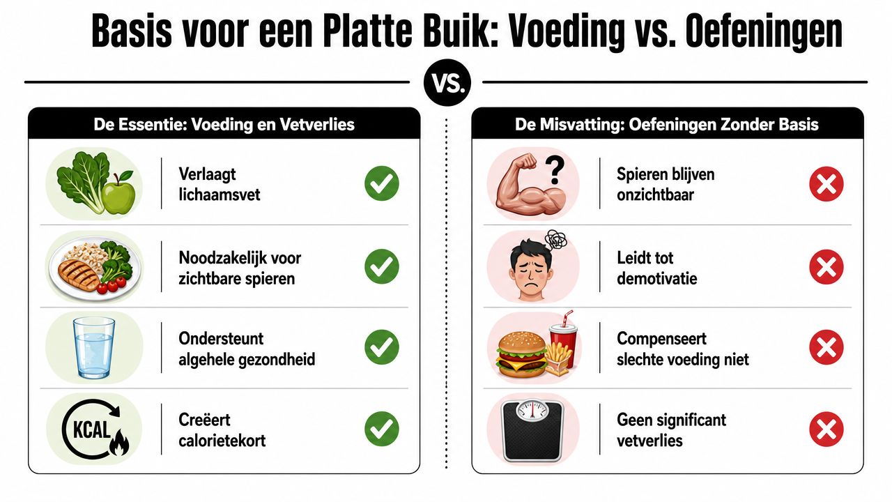 Een infographic die het belang van gezonde voeding vergelijkt met enkel sporten voor een platte buik.