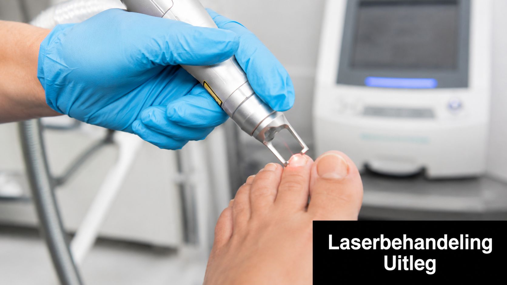 Een medisch professional voert een laserbehandeling uit op een teennagel met schimmelinfectie in een klinische omgeving.