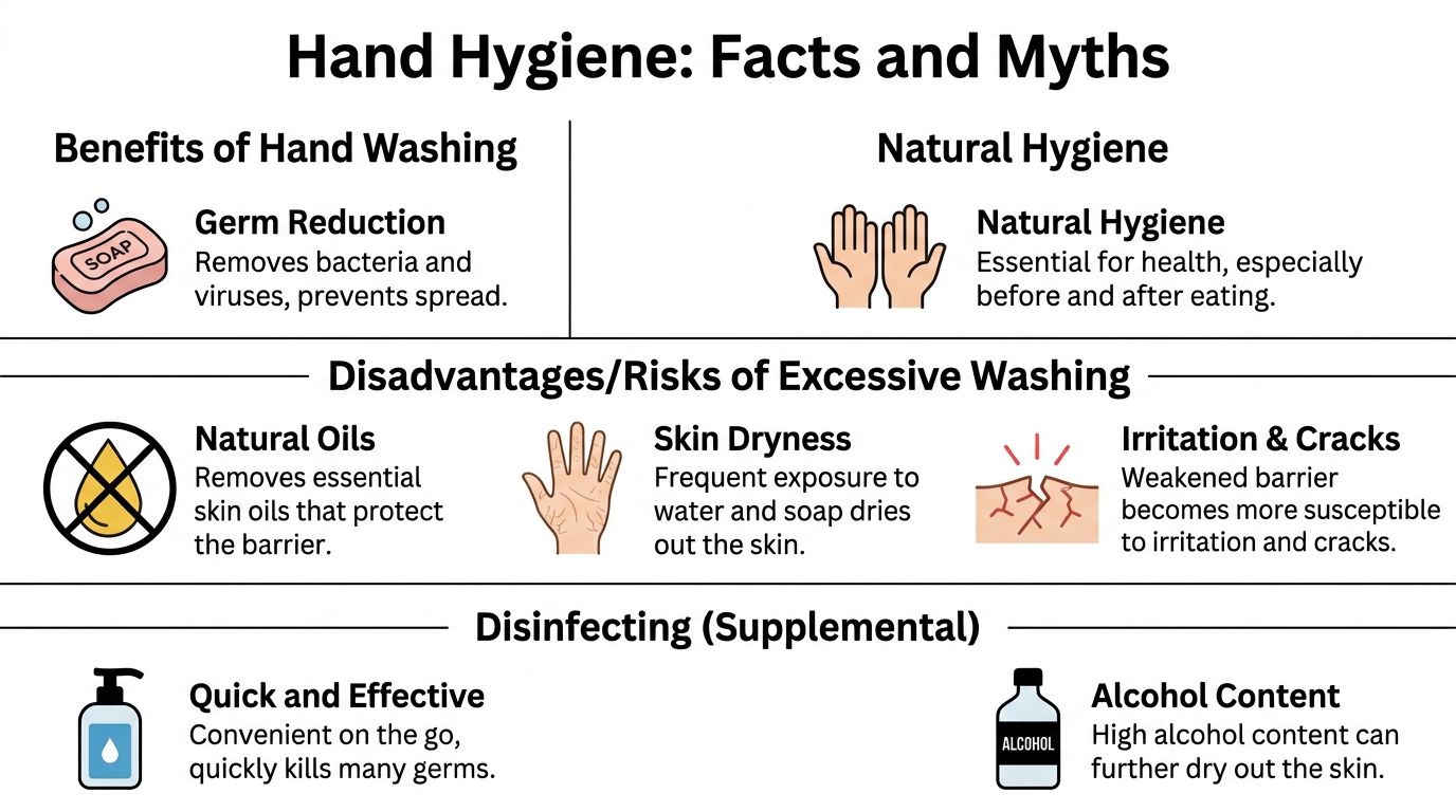 Een informatieve infographic over handhygiëne, de voordelen van wassen, risico's van overmatig wassen en desinfectiemiddelen.