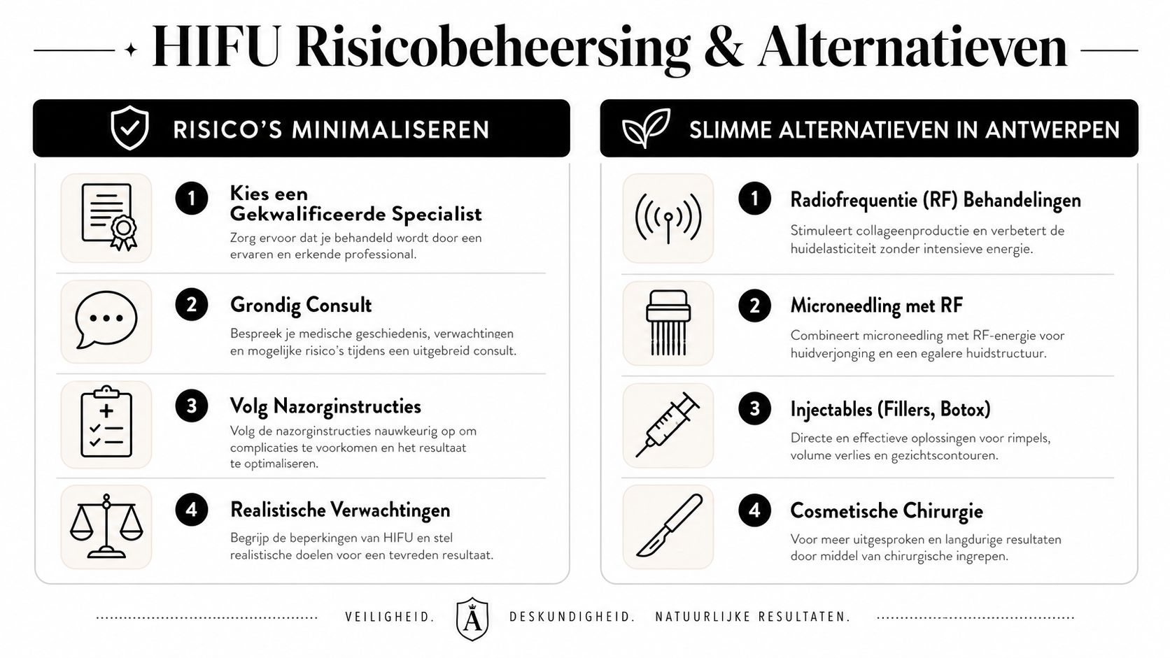 Een informatieve infographic over risicobeheersing bij HIFU behandelingen en veilige alternatieven in Antwerpen.