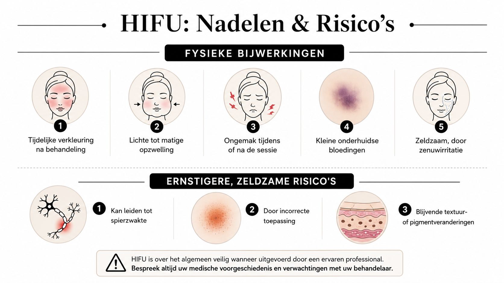 Een overzicht van mogelijke fysieke bijwerkingen en zeldzame risico's na een HIFU-gezichtsbehandeling in een heldere infographic.