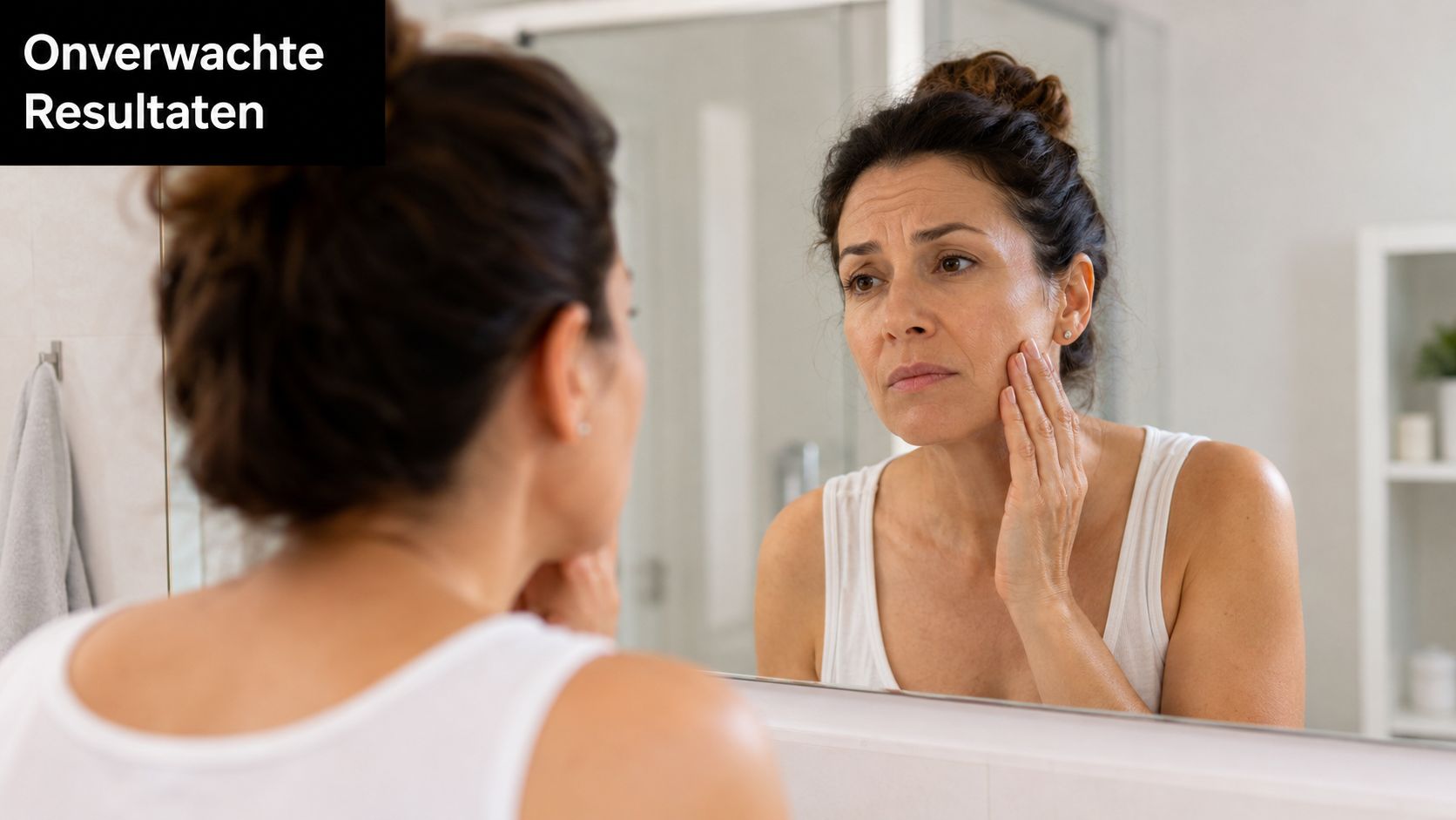 Een ontevreden vrouw kijkt in de badkamerspiegel naar de onverwachte resultaten op haar gezicht na een cosmetische ingreep.