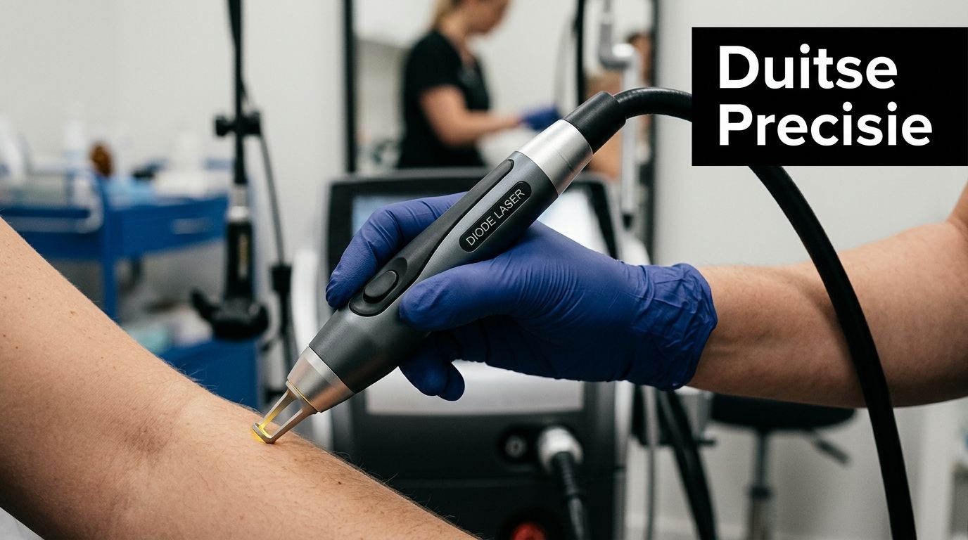 Een specialist gebruikt een professioneel diodelaser-apparaat voor een veilige en effectieve laserontharingsbehandeling op de huid.