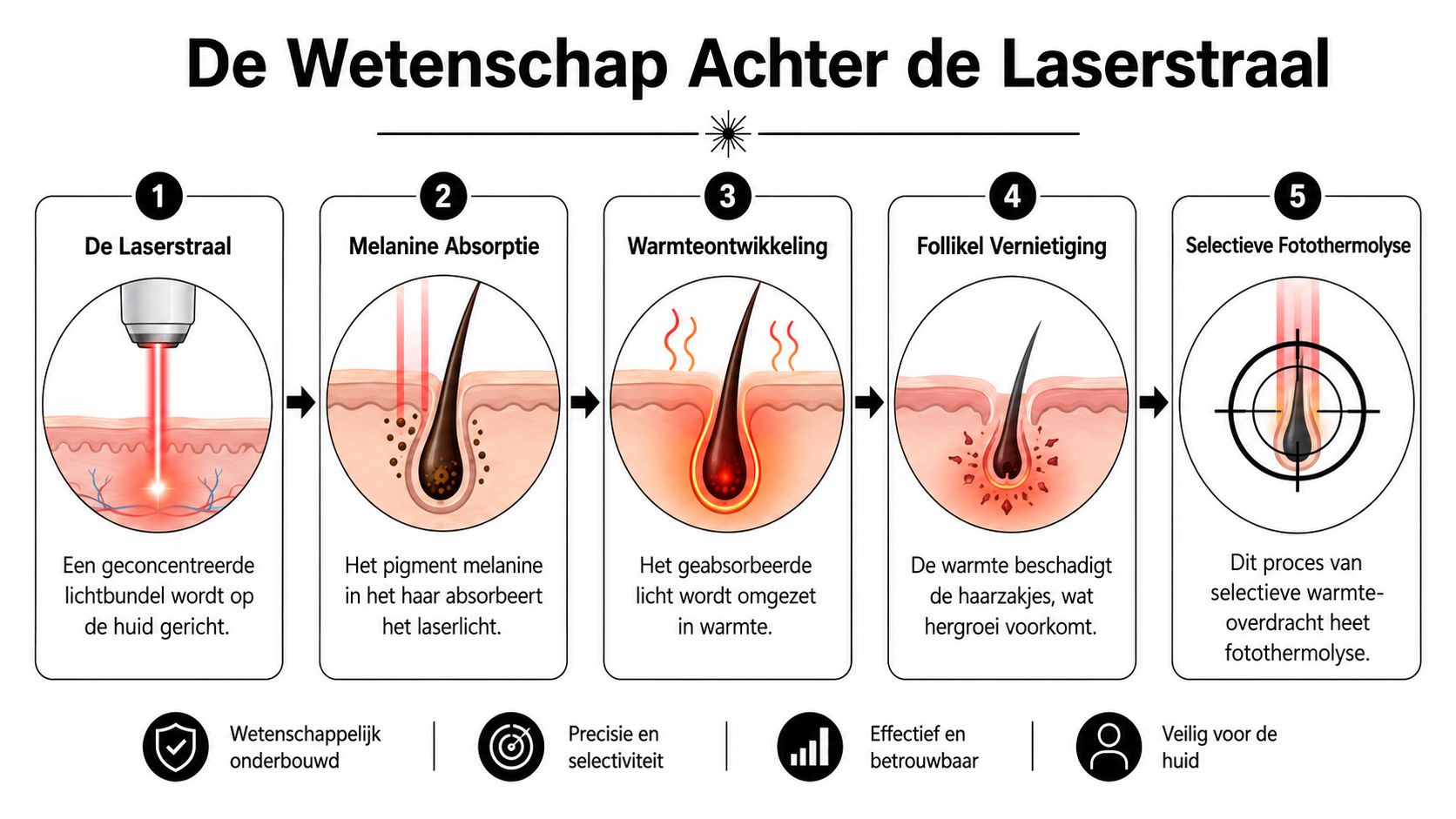 Een infographic die de vijf stappen van het proces van laserontharing en selectieve fotothermolyse in detail uitlegt.