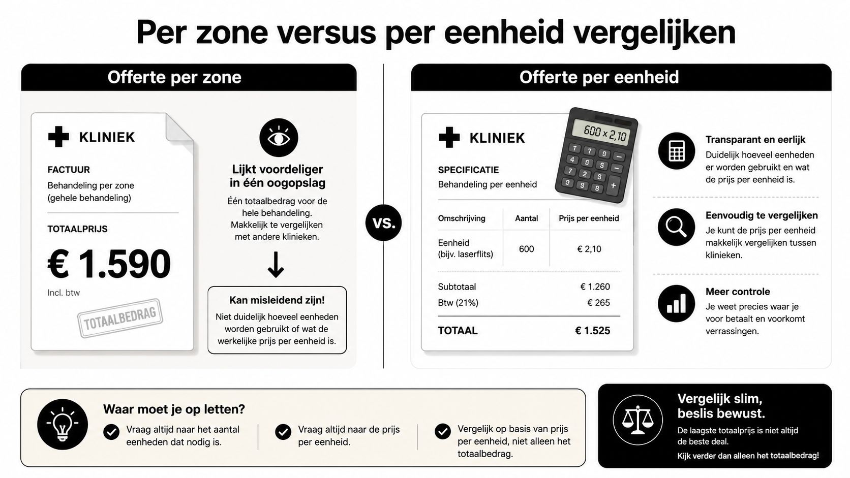 Vergelijking van een offerte per zone versus een offerte per eenheid voor medische behandelingen.