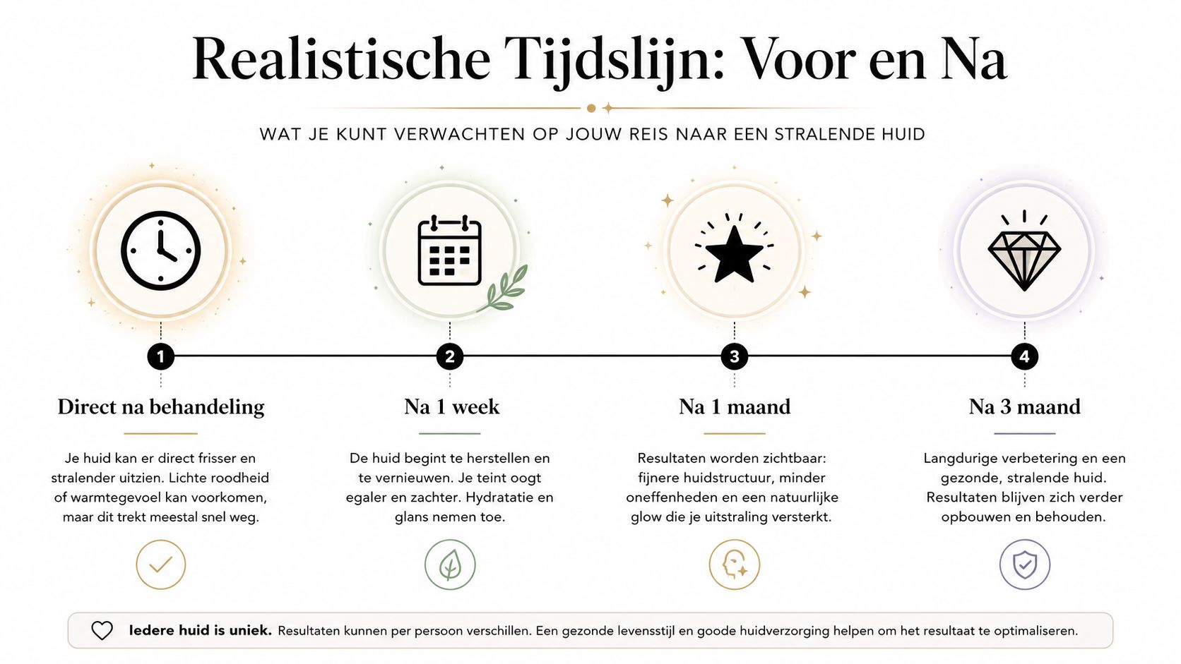 Een tijdlijn die de verwachte resultaten van een huidbehandeling laat zien van direct na tot drie maanden.