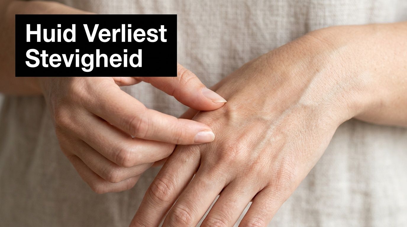 Een close-up van een hand die de huid van de andere hand optrekt om elasticiteitsverlies te tonen.