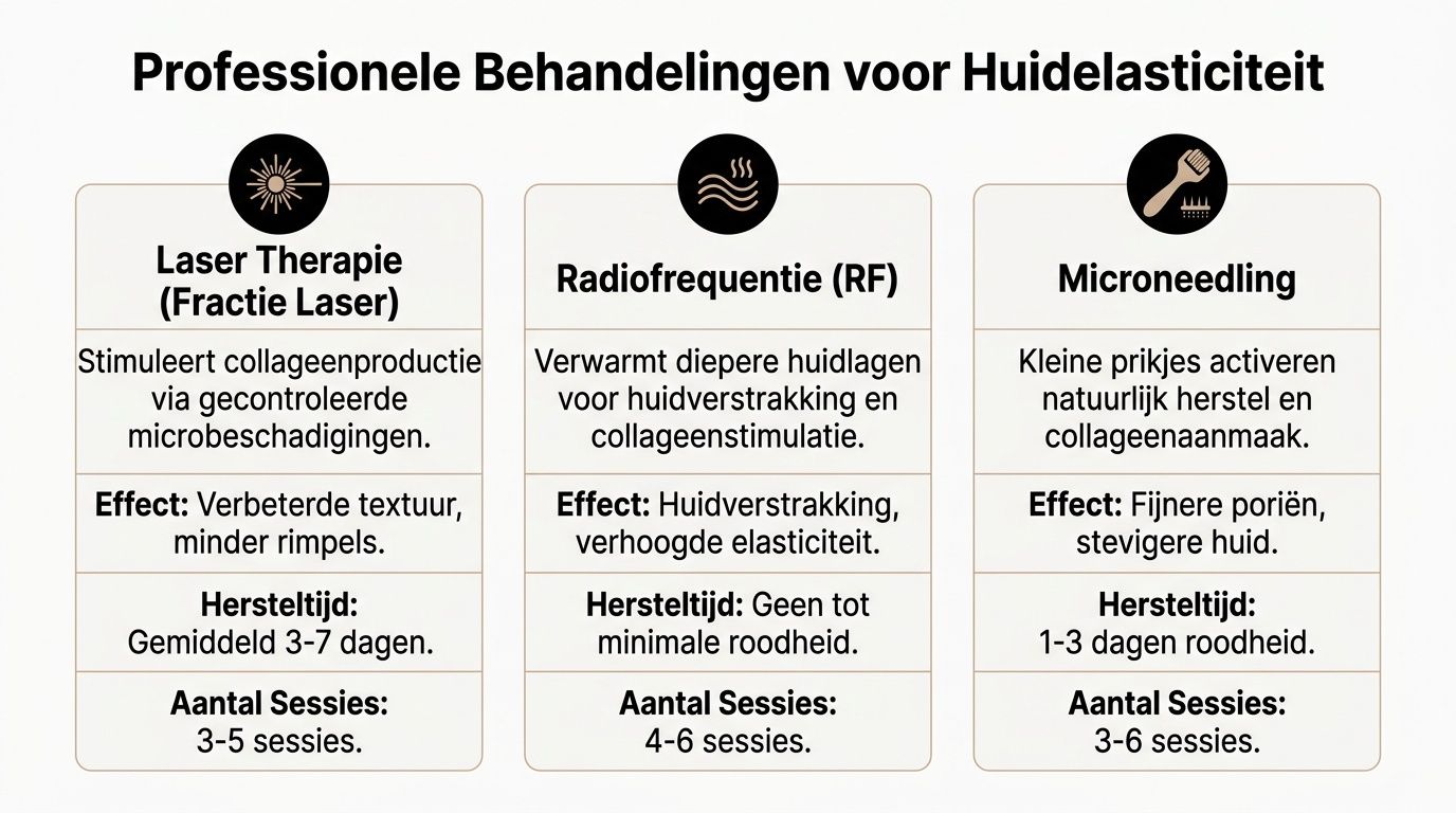 Overzichtstabel met professionele huidbehandelingen zoals laser, radiofrequentie en microneedling voor het verbeteren van de huidelasticiteit.