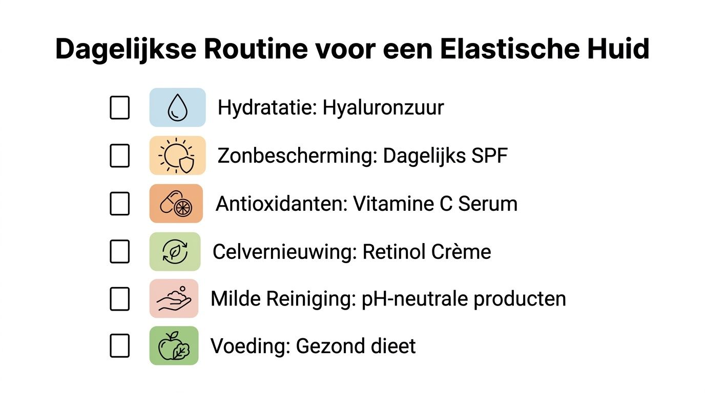 Een overzicht van een dagelijkse huidverzorgingsroutine met zes stappen voor een elastische en gezonde huid.