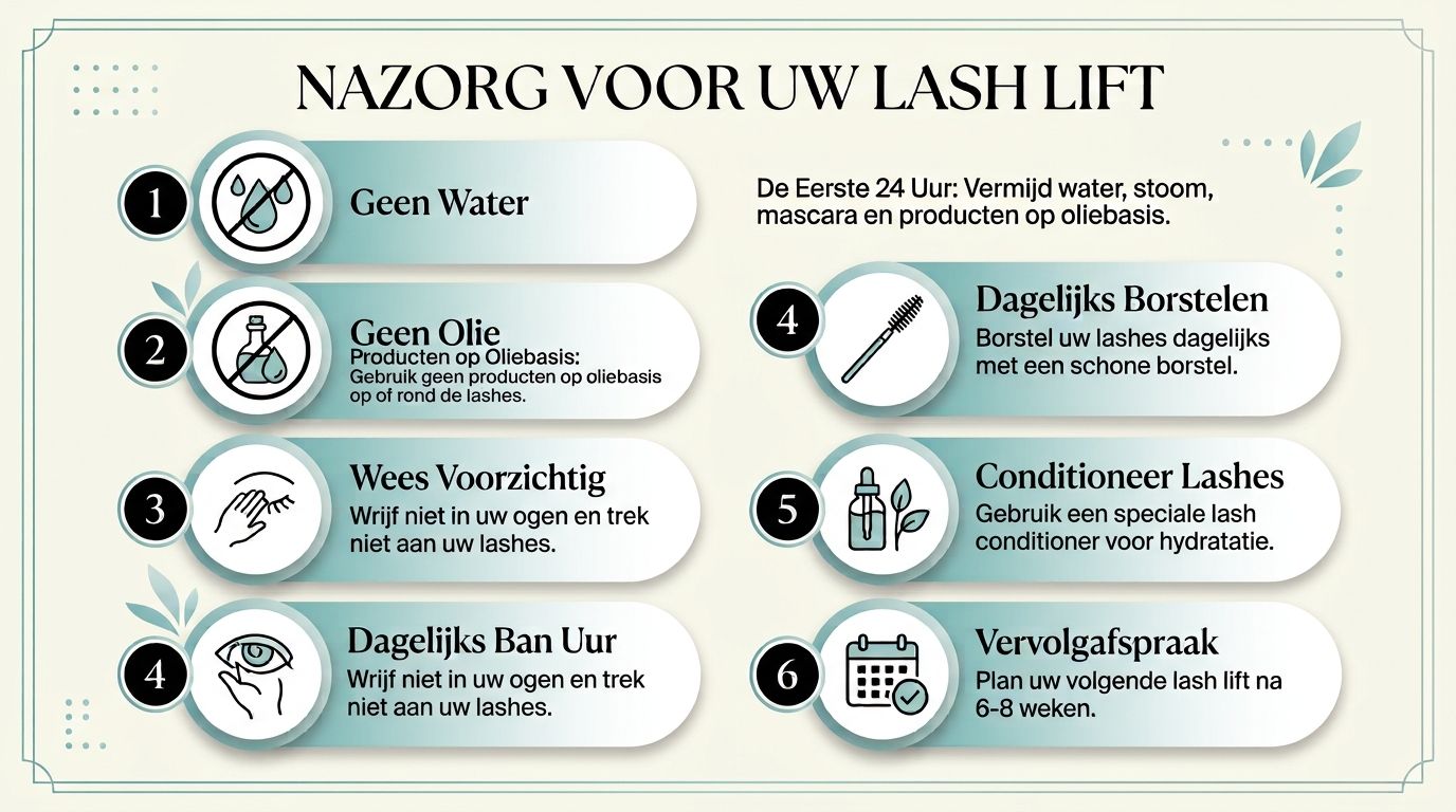 Een informatieve infographic met zes stappen en nazorginstructies voor het onderhoud van een professionele lash lift behandeling.