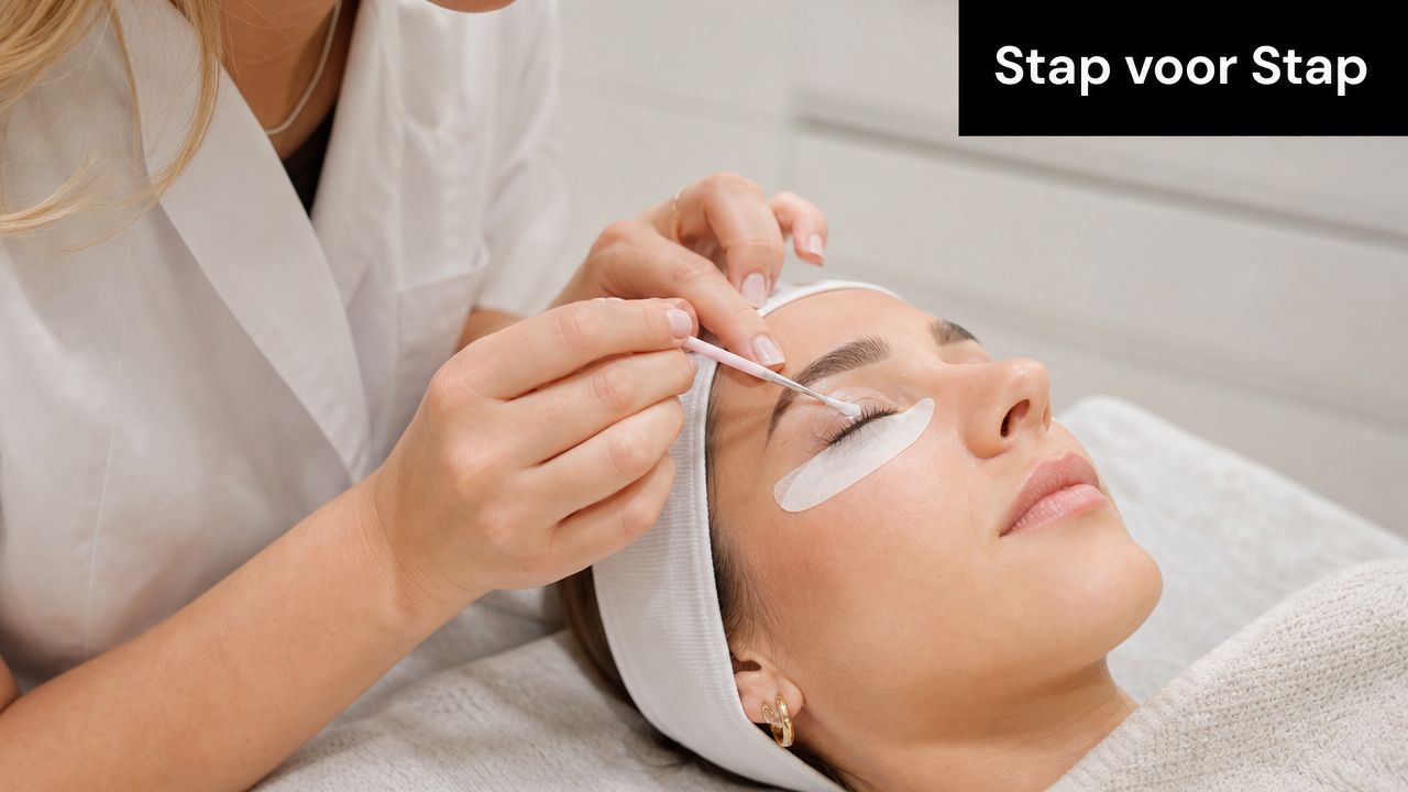 Een schoonheidsspecialiste voert een wimperlift behandeling uit bij een klant met een precisieapplicator en oogpads.