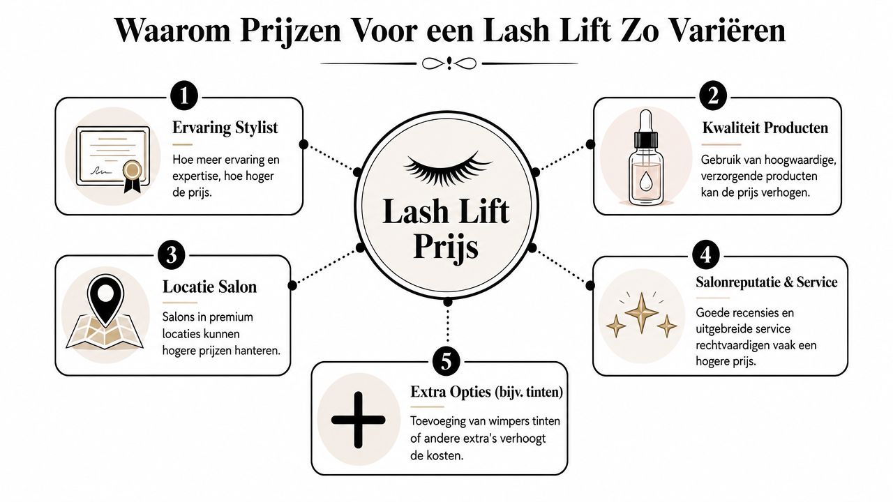 Een overzicht van de vijf belangrijkste factoren die de prijs van een lash lift behandeling bepalen.