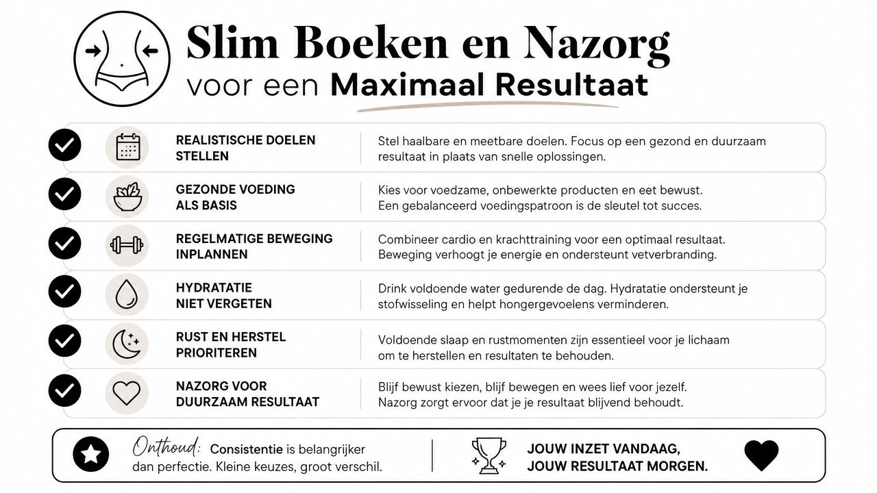 Een overzicht met zes belangrijke tips voor een gezonde levensstijl, voeding, beweging en duurzame nazorg voor lichaamsresultaten.