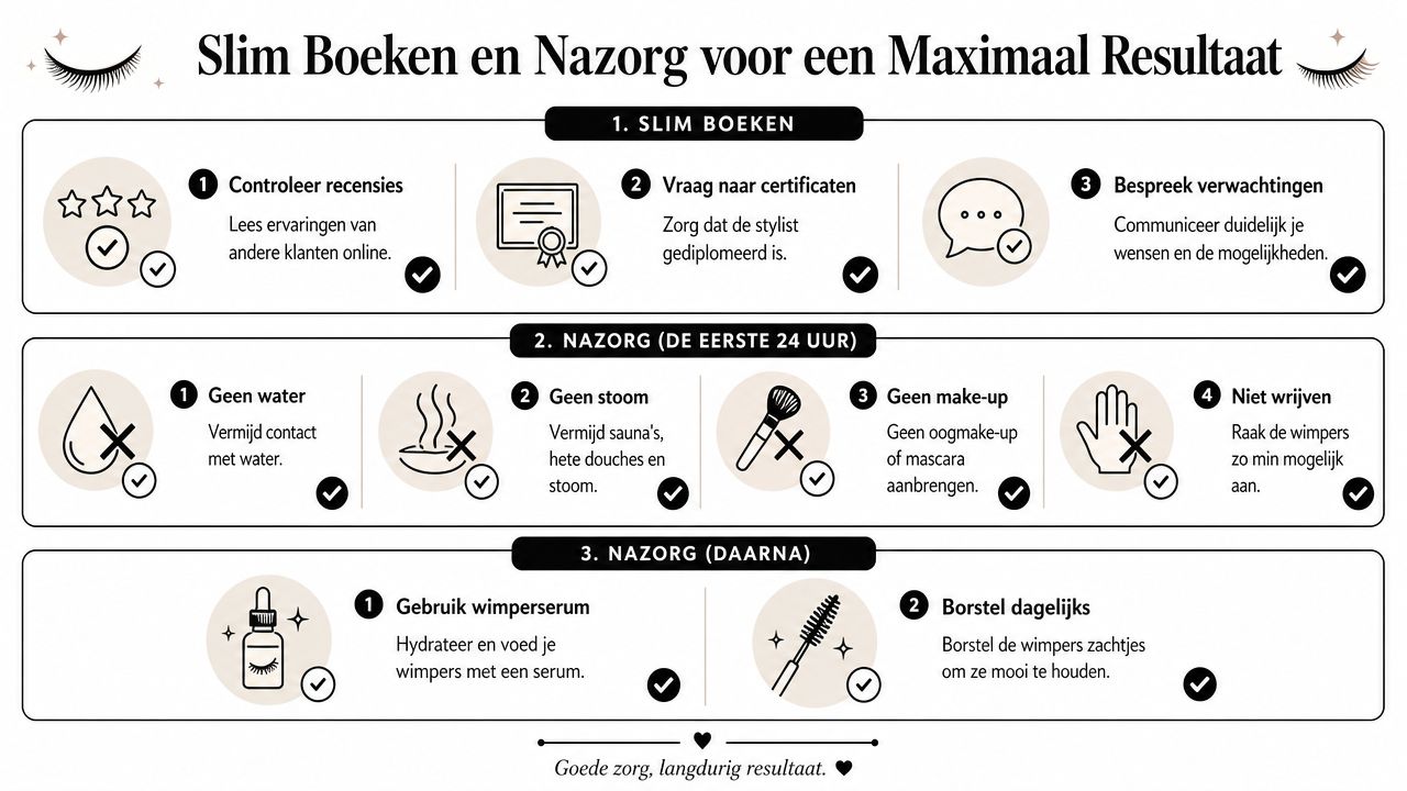 Een infographic met tips over het boeken en nazorgen van wimperextensions voor een optimaal resultaat.