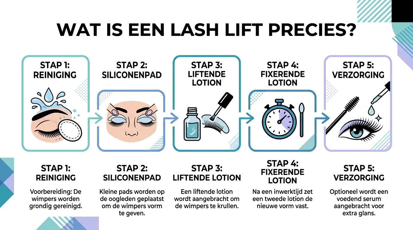 Een overzicht van het vijfstappenplan voor een lash lift behandeling voor prachtig gekrulde wimpers.