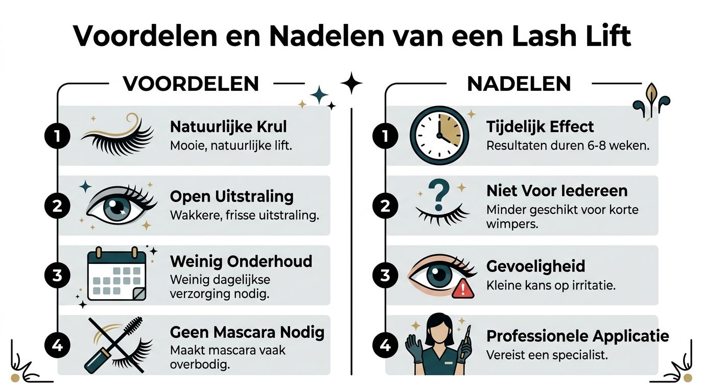Een overzicht van de voor- en nadelen van een lash lift procedure in een informatieve afbeelding.