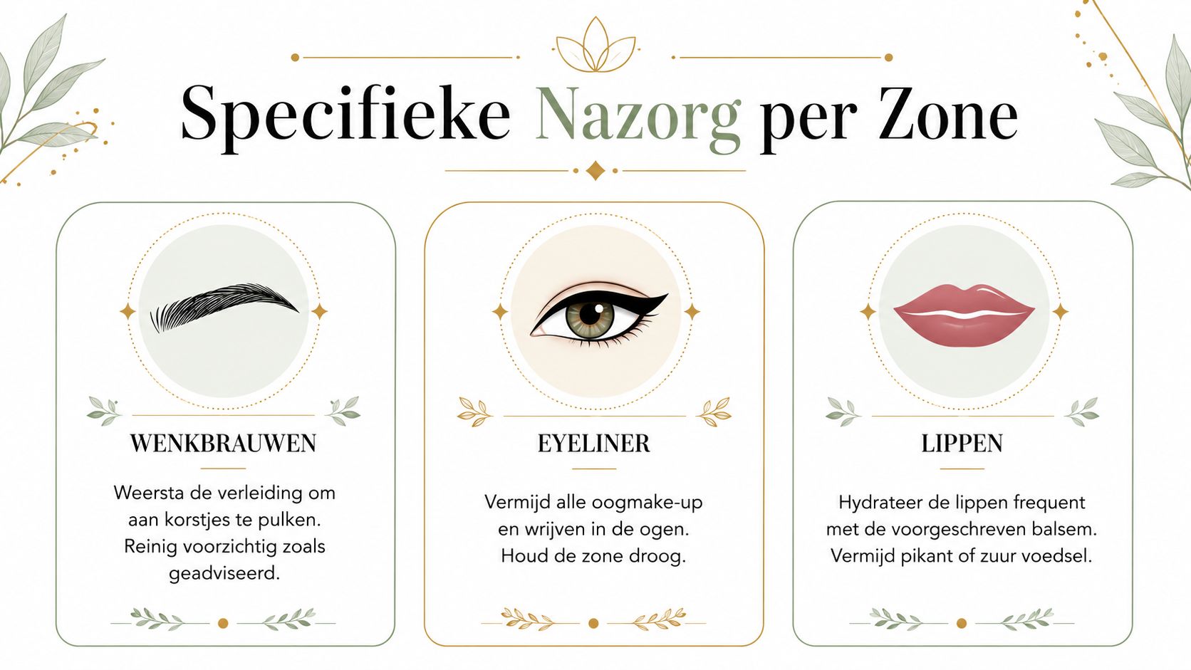 Een overzichtskaart met nazorginstructies voor permanente make-up van wenkbrauwen, eyeliner en lippen in het Nederlands.