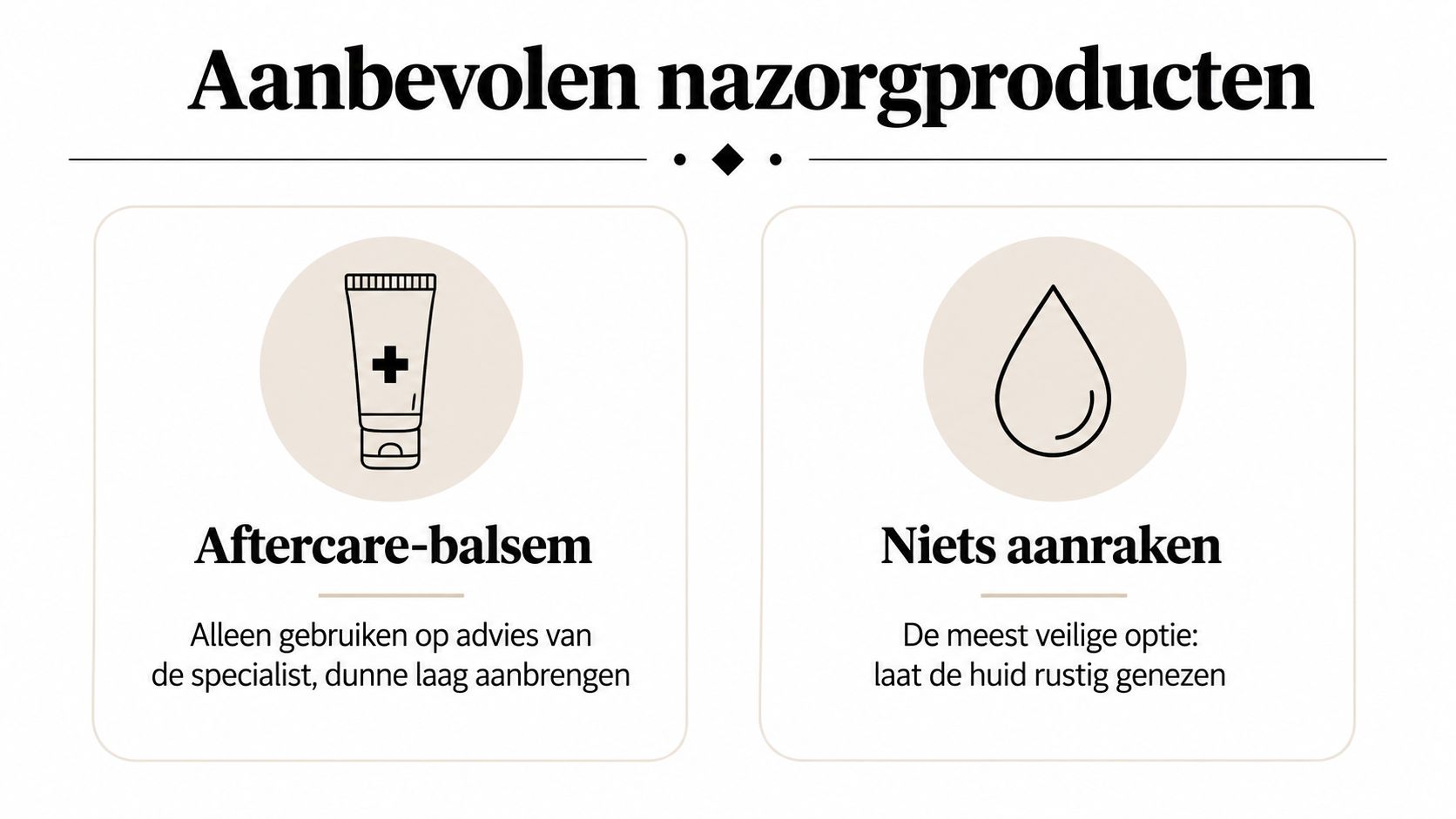 Een overzicht van nazorgproducten voor permanente make-up, inclusief aftercare-balsem en het advies om niets aan te raken.