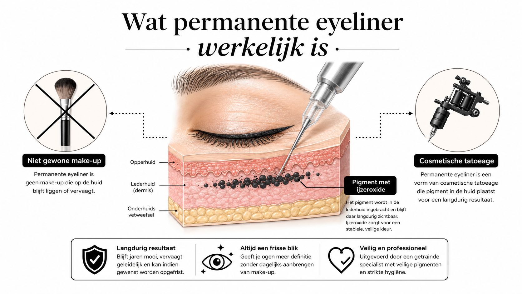 Een educatieve afbeelding die uitlegt hoe permanente eyeliner als cosmetische tatoeage in de huid wordt aangebracht.