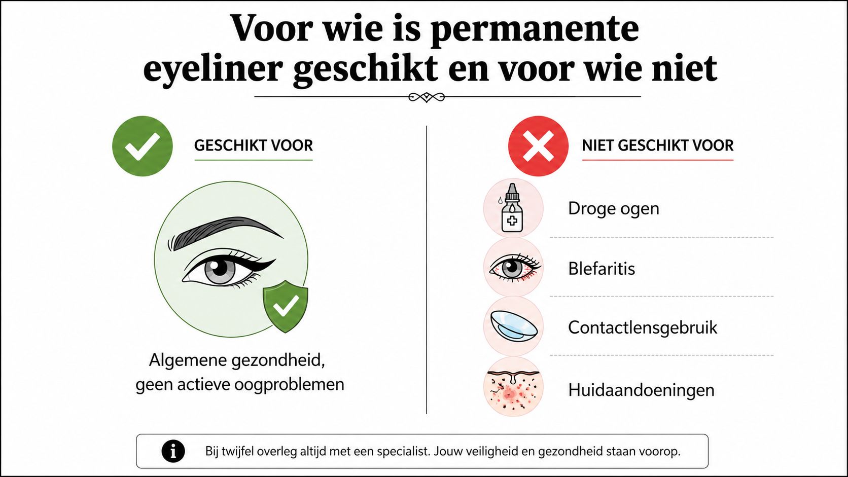Een infographic die toont wie wel en niet in aanmerking komt voor permanente eyeliner behandelingen.