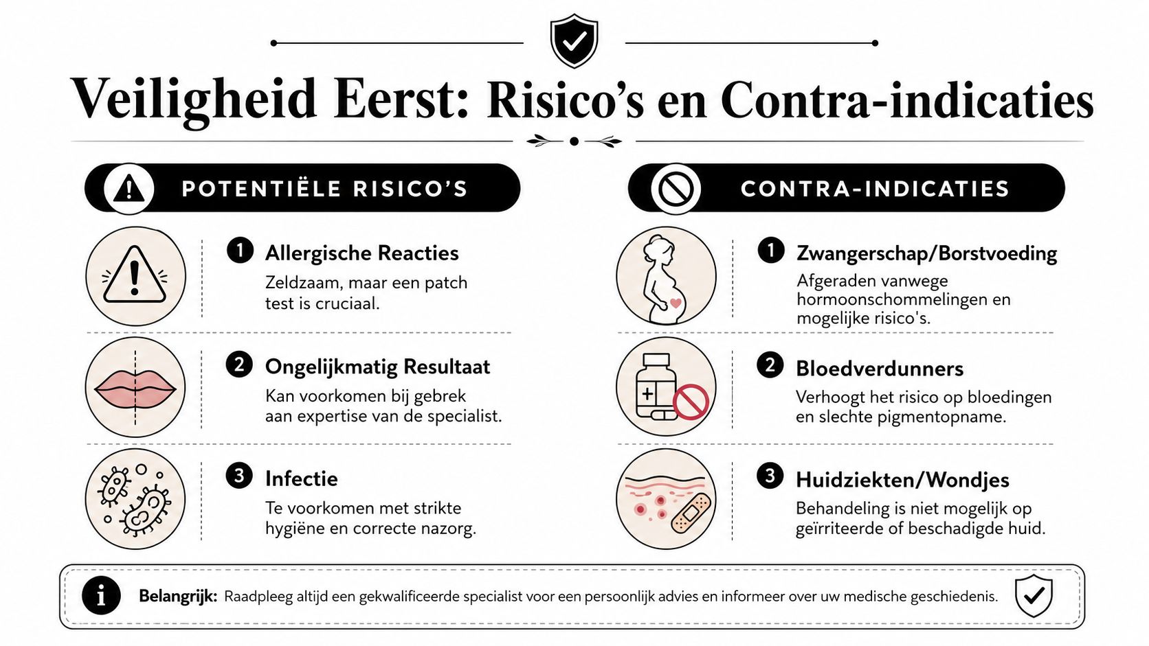 Een overzicht van mogelijke risico's en contra-indicaties bij permanente make-up voor de lippen.