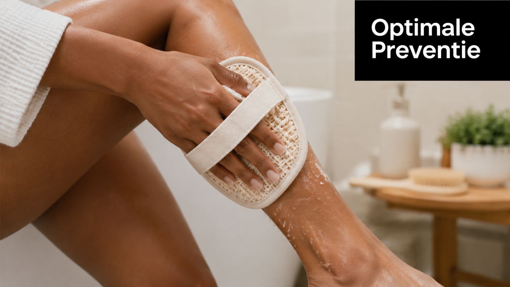 Een persoon gebruikt een exfoliatiehandschoen op het onderbeen om de huid zacht en glad te maken.