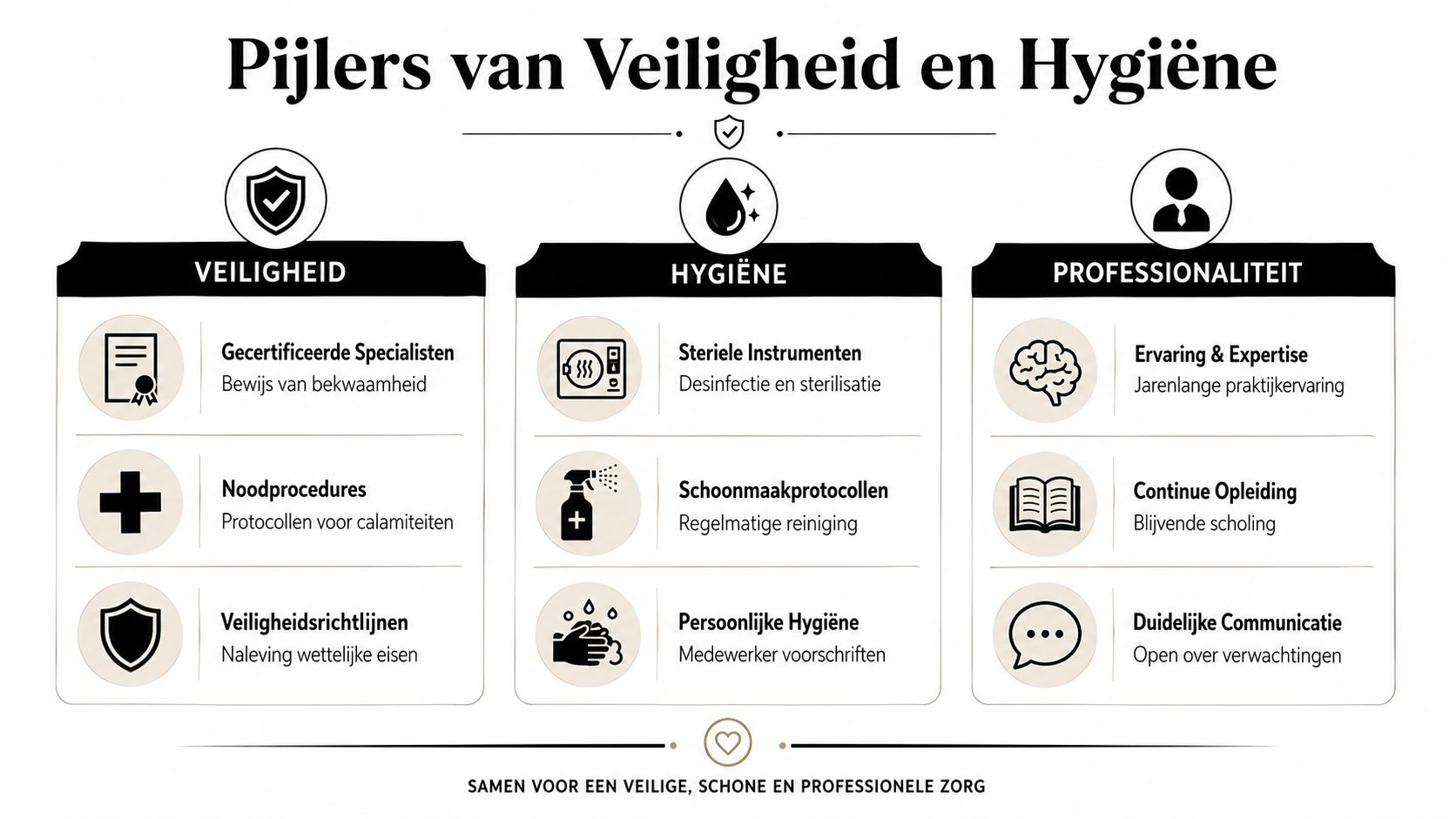 Een overzicht van de pijlers van veiligheid en hygiëne voor een professionele en veilige zorgverlening.