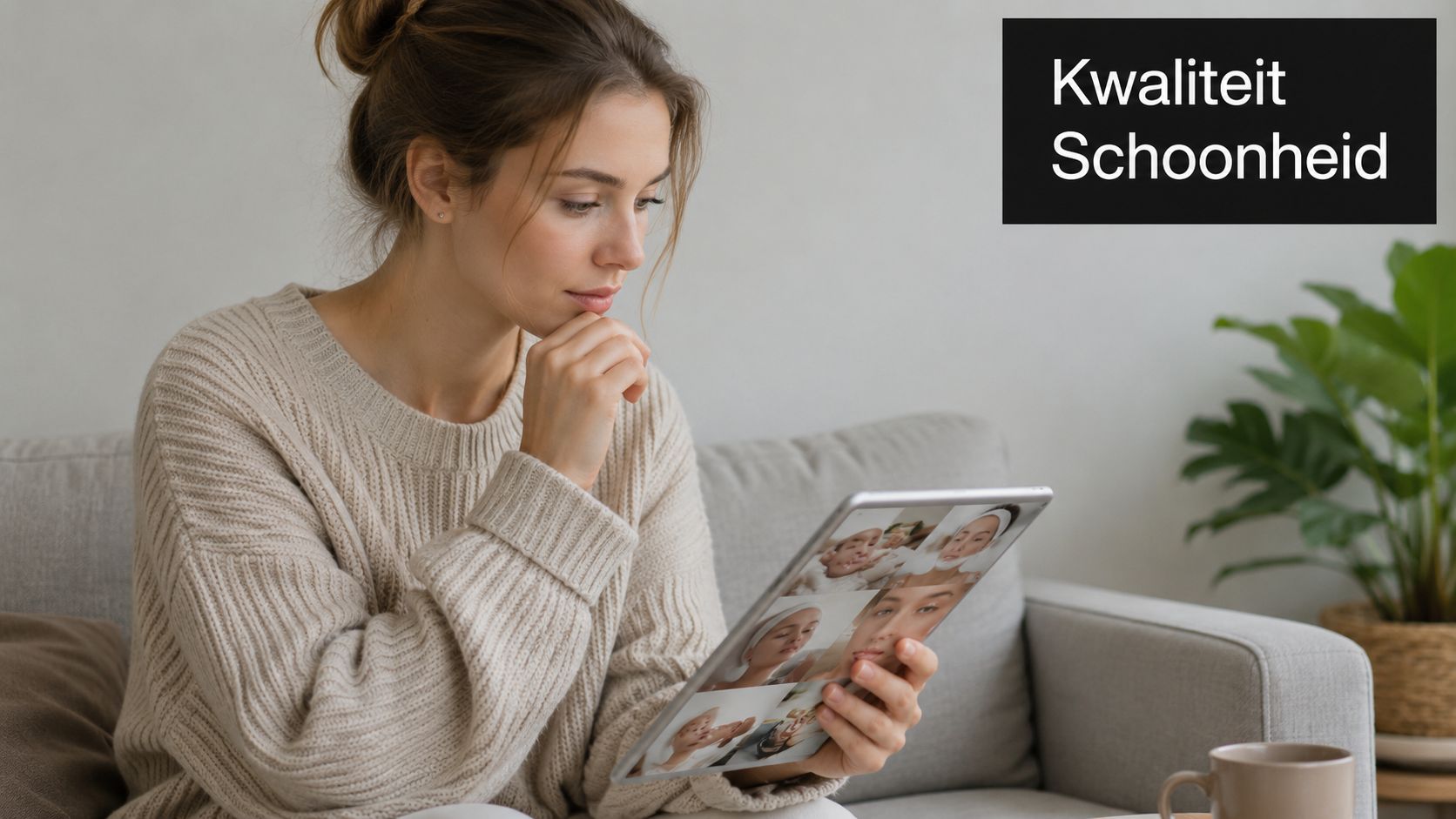 Een jonge vrouw kijkt naar huidverzorgingsfoto's op een tablet terwijl ze ontspant op de bank thuis.