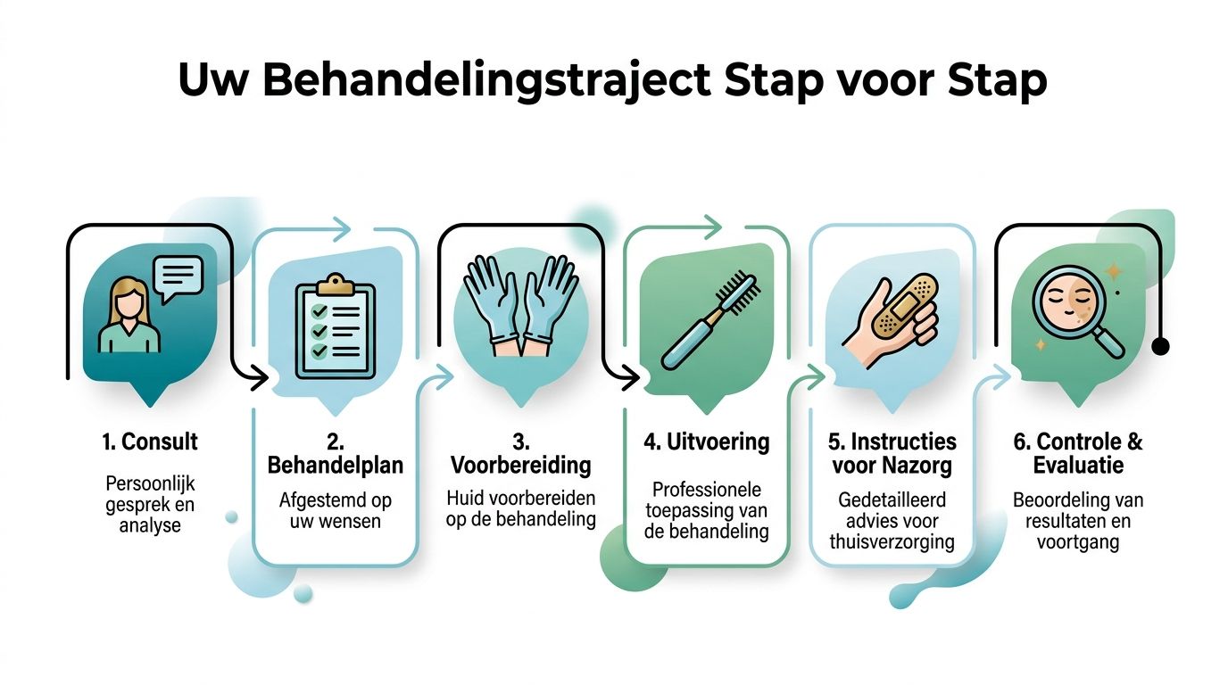 Een overzichtelijk stappenplan in zes fasen voor een professioneel behandelingsproces in de huidverzorging.