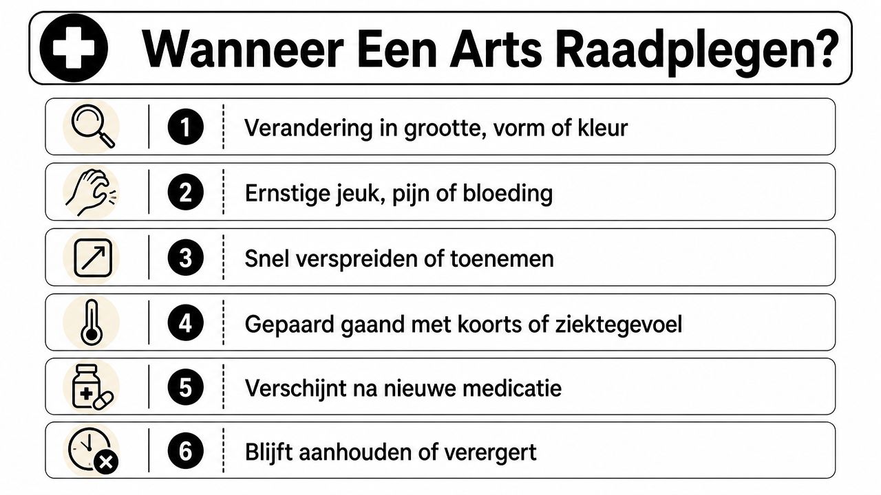 Een overzichtskaart die uitlegt wanneer het noodzakelijk is om een arts te raadplegen voor huidklachten.