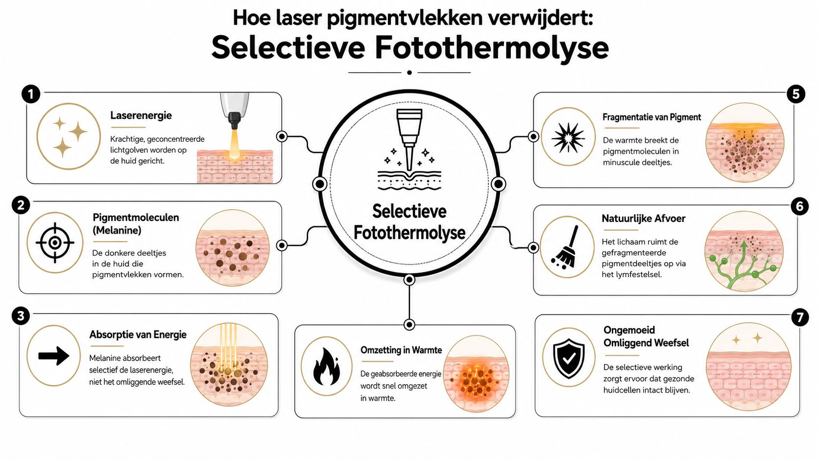 Een informatieve infographic die uitlegt hoe laserbehandelingen pigmentvlekken verwijderen via selectieve fotothermolyse in de huid.